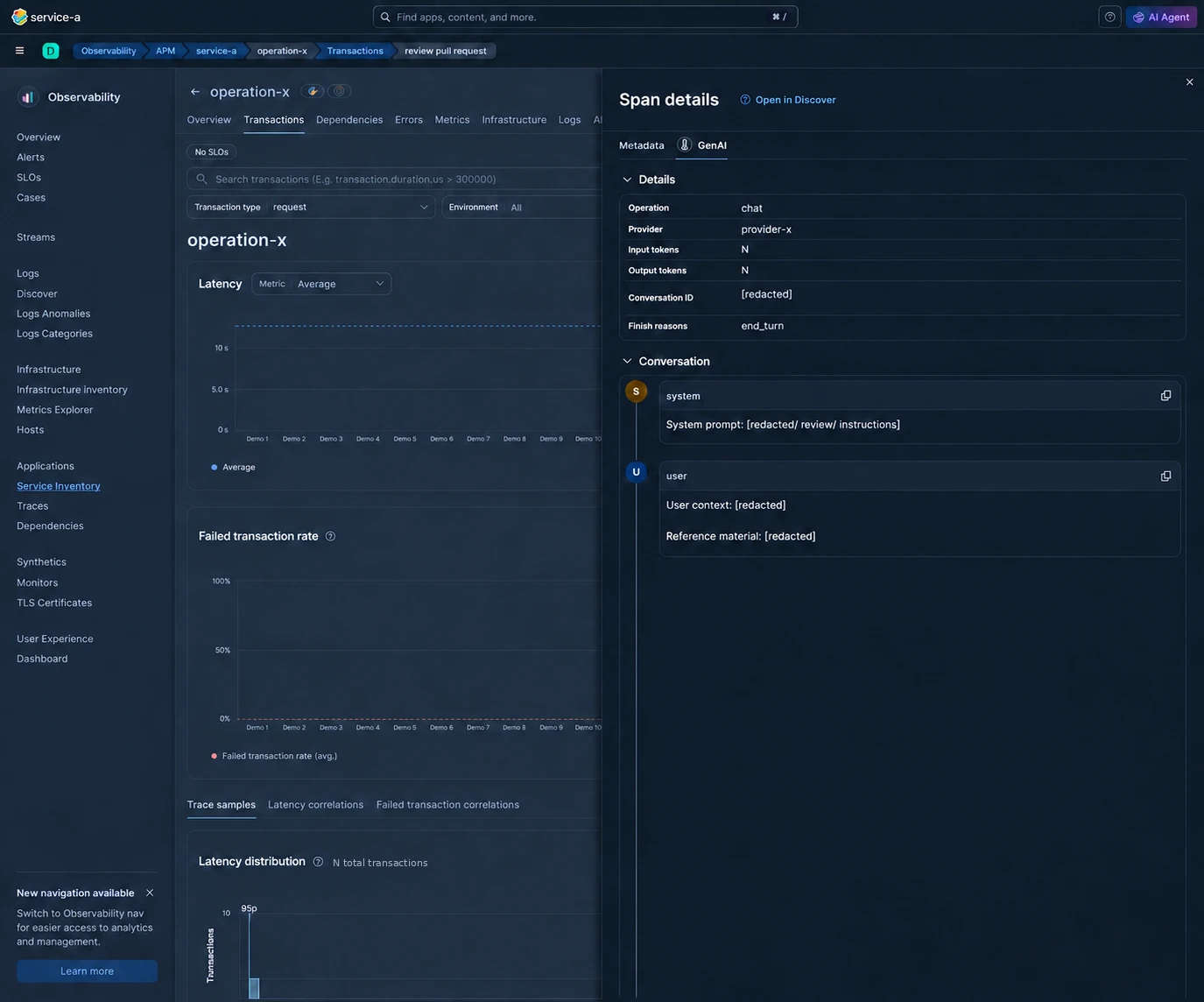 Span details in Elastic APM on the GenAI tab: operation chat, the provider, input and output tokens, the conversation ID, the end_turn finish reason, and the system and user messages